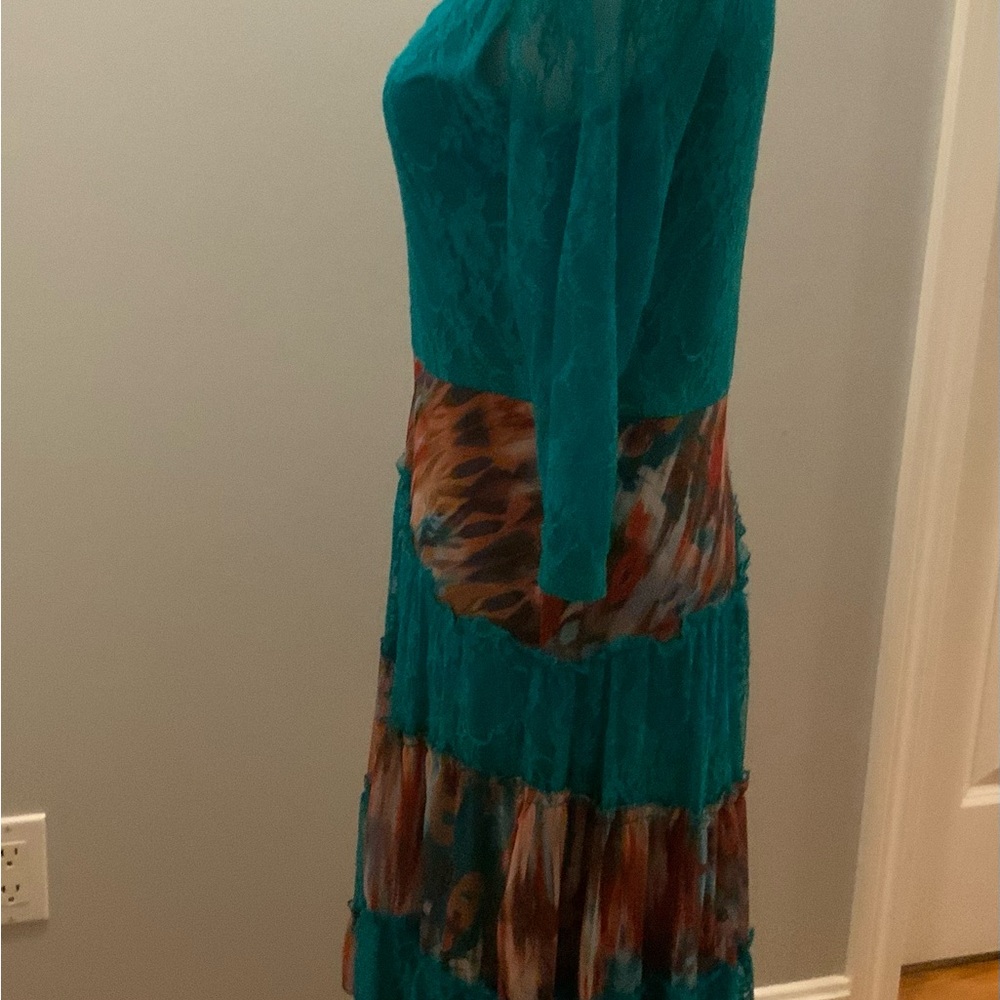 BRAND NEW Lovely aqua dress, long sleeves with multicolored skirt section.M - Picture 3 of 10